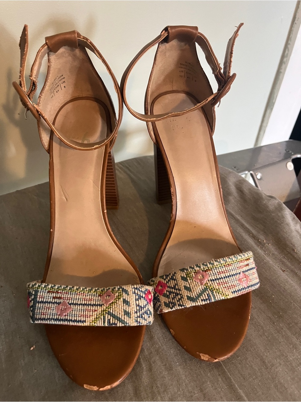 Mix No. 6 Brown Leather Ankle-Strap Heels with Embroidered Floral Strap